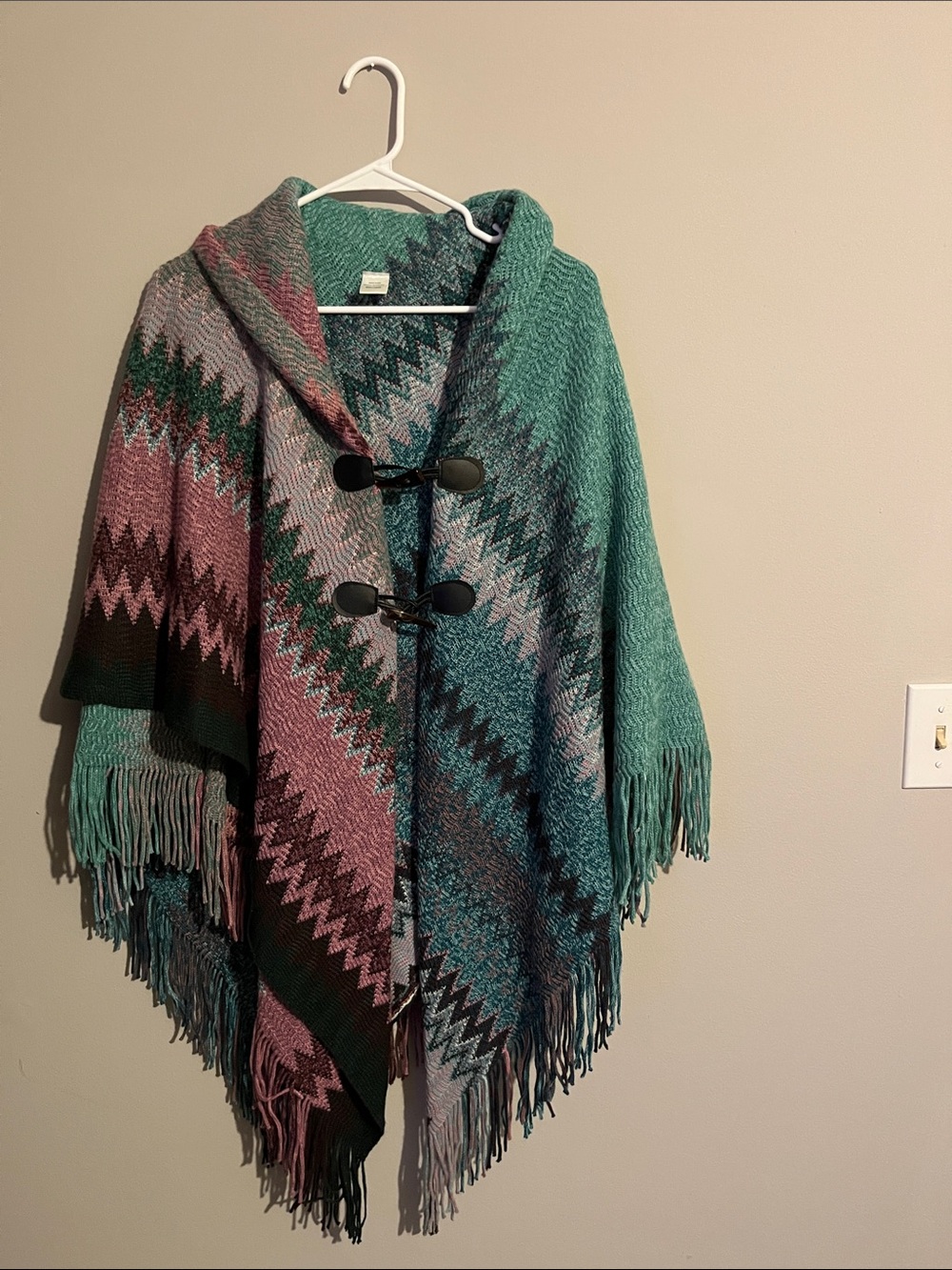 Teal and Mauve Zigzag Fringe Shawl Poncho
